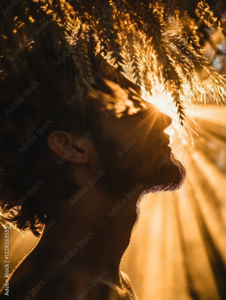 Poster rays of sunlight shining through ears of wheat creating a glowing silhouette of a person in nature. 
