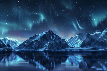 Northern lights over snowy mountain and lake scene. Neural network AI generated