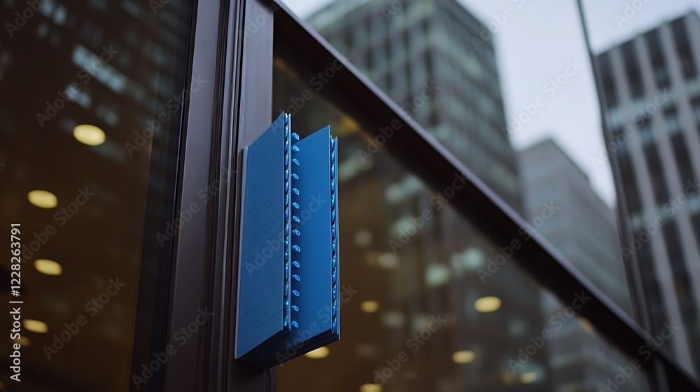 Poster contemporary artistic building facade with unique blue textured panel design : generative ai