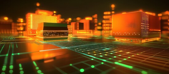 Fototapeta premium Futuristic Cityscape: Neon Glow and Digital Architecture