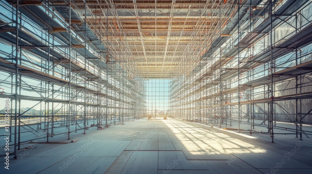 Poster Extensive scaffolding inside a large building under construction