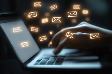 Conceptual Image of Email Communication with Floating Envelopes and Laptop in Dark Setting : Generative AI