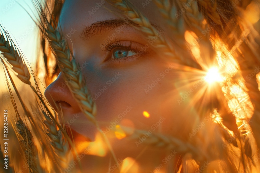 Poster rays of sunlight through golden ears of wheat illuminate a serene face during a beautiful sunset. ge