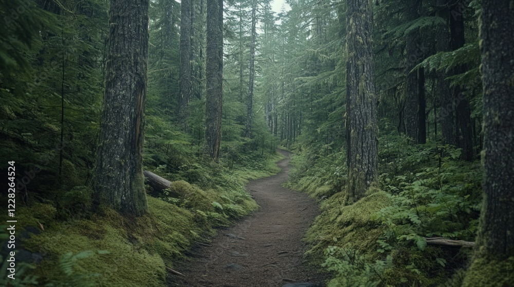 Poster serene forest path winding through lush green trees