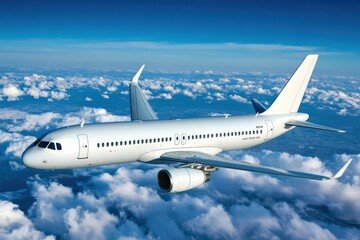 Fototapeta premium Flying high above clouds with a white airplane cruising in blue sky during daytime near urban areas. Generative AI