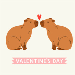 Cute Capybara Couple. Adorable Valentine’s Day Vector with Hearts. Vector illustration in flat style for cards, design, print, kids collection. 