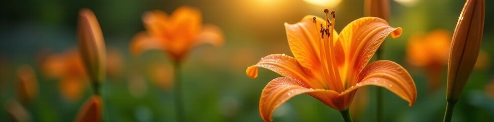 Obraz premium Softly glowing orange lily blooms in the morning dew, floral photography, flowers in dew, light