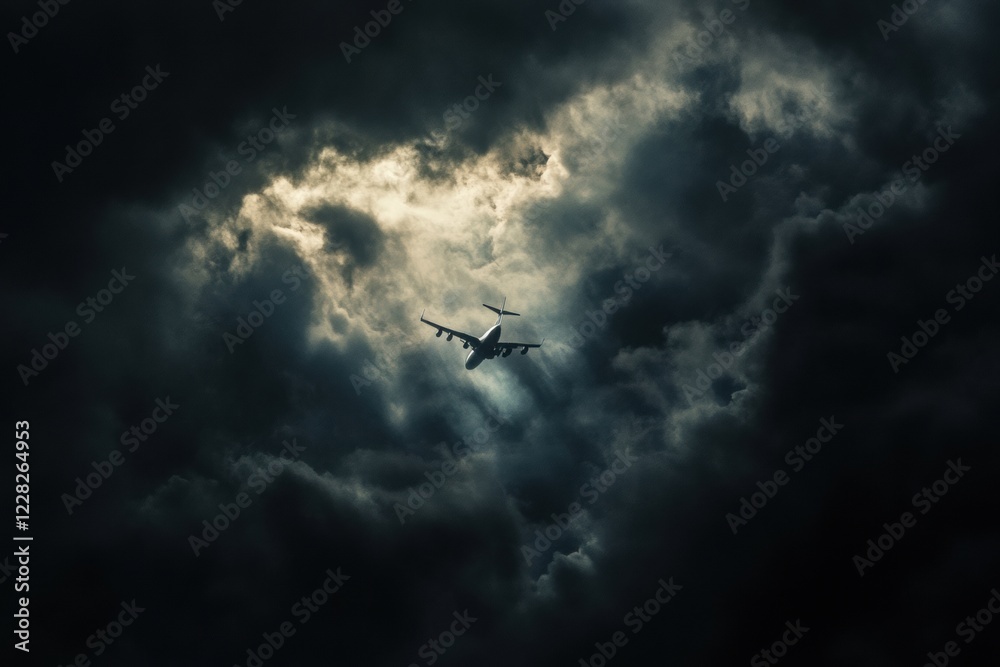 Poster dark clouds surround aircraft flying through stormy sky during twilight hours. generative ai