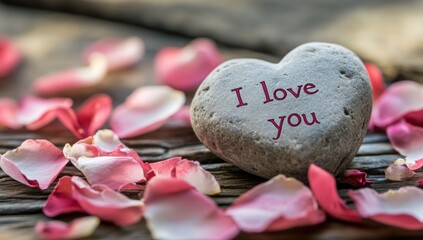 Obraz premium Romantic Heart-Shaped Stone with Rose Petals: A Sweet Declaration of Love