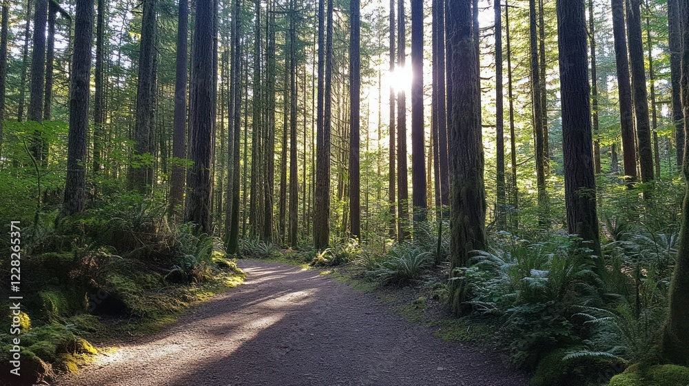 Poster Sunlit Forest Path Winding Through Tall Trees