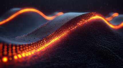 High-tech graphene transistor pulses with neon lights in a dark digital landscape, connected to a quantum computing core and surrounded by intricate patterns