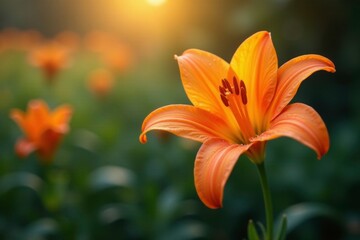 Obraz premium Softly glowing orange lily blooms in the morning dew, warm, soft