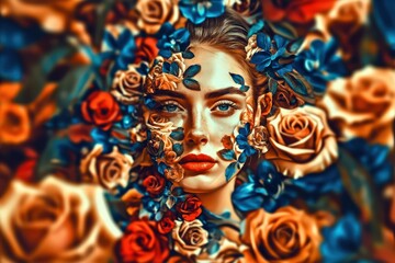Woman surrounded by vibrant roses and blue flowers, showcasing beauty and nature