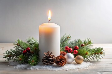 Minimalist White Christmas: Glowing Candle & Festive Decor - Xmas Greeting Card Background