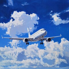 Obraz premium Aircraft approaches landing in a clear blue sky with fluffy white clouds in the background during a sunny day. Generative AI