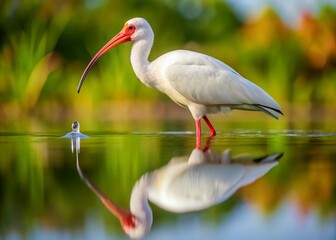 Minimalist White Ibis Reflection: Single Water Drop Falling from Beak