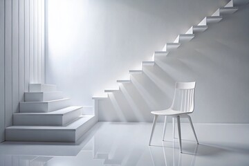 Naklejka premium Minimalist White Interior: Chair on White Stairs & Walls - Stock Photo