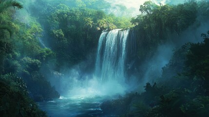 Lush jungle waterfall, mist, serene nature, tropical paradise, travel