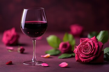 A romantic setting featuring a delicate rose beside a shimmering glass of wine, inviting love and celebration on this special day.
