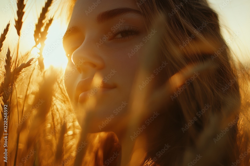 Poster golden rays illuminate a serene face amidst ears of wheat at sunset. generative ai