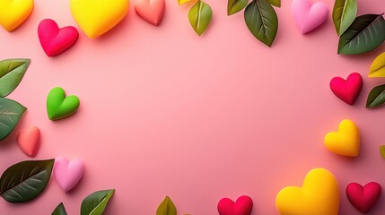 Fototapeta premium A vibrant circle of delicate hearts and lush leaves creates a romantic atmosphere, celebrating love and nature's beauty on Valentine's Day.