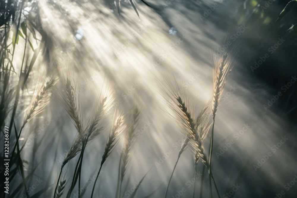 Fototapete sunlight rays illuminating golden wheat in a serene field during early morning hours. generative ai