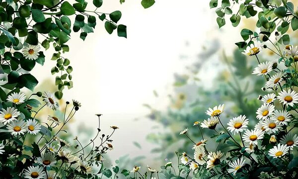 Daisies frame garden, soft light, floral background, website design