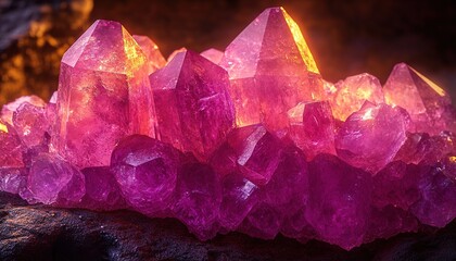 Fototapeta premium Glowing pink crystals in dark cave geology background