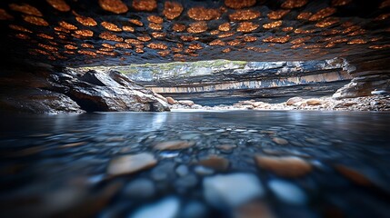 Cave river, rocky ceiling, Iceland, tranquil water