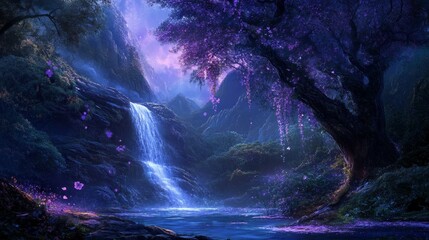 Fototapeta premium Magical purple forest with waterfall and glowing flora at twilight