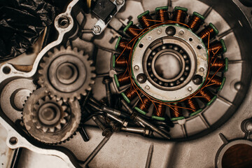 A Detailed CloseUp View of Engine Components and Gears Inside a Mechanic Workshop
