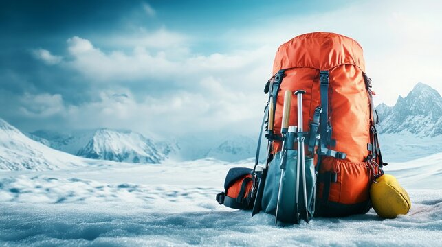 Orange hiking backpack with gear in snowy mountain landscape