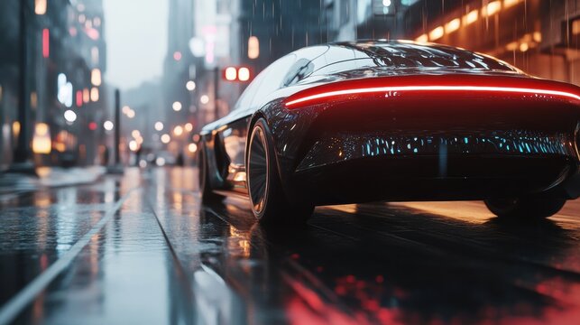 Self-driving electric car on a futuristic highway, neon reflections, advanced transportation