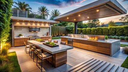 Obraz premium Modern Backyard Oasis: Outdoor Kitchen & Minimalist Design