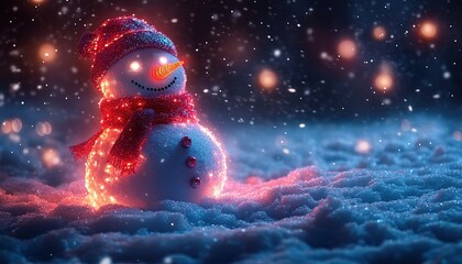Obraz premium Glowing snowman in snowy night with festive bokeh background