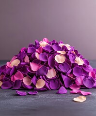 Fototapeta premium Delicate purple and pink petals are artfully strewn across a table, accompanied by a shiny coin, creating a romantic and whimsical atmosphere perfect for Valentine's Day.