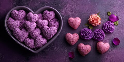 Delight in the sweetness of purple heart-shaped cookies nestled beside pink roses, all elegantly arranged in a charming heart-shaped bowl for Valentineâs Day.