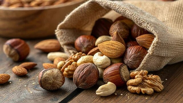 A closeup of a handful of assorted nuts including almonds walnuts and hazelnuts with their rustic brown shells and smooth roasted surfaces tered over a wooden surface.