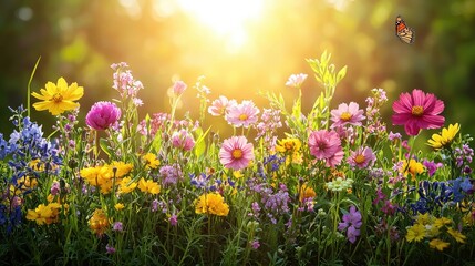 Obraz premium Colorful Wildflower Meadow with Vibrant Blooms and Butterflies in a Serene Nature Landscape Scene