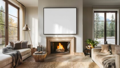 Blank pictures frame mockup wall art posters in cozy light beige room interior