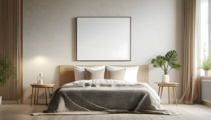 Blank pictures frame mockup wall art posters in cozy light beige room interior