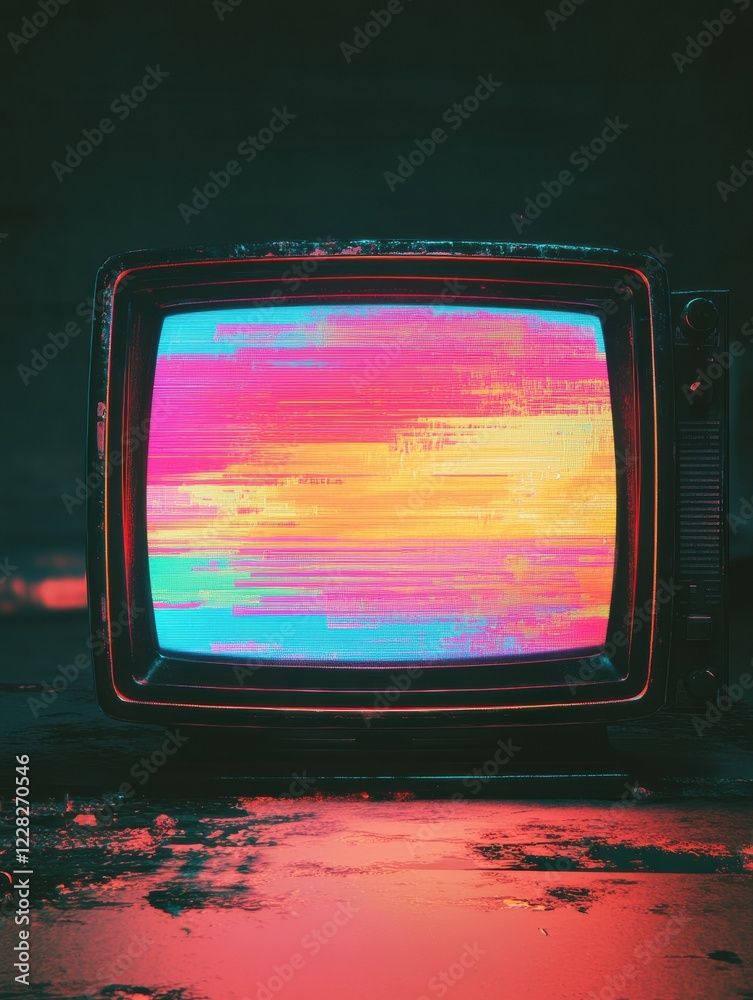 Poster Retro television screen displaying vibrant glitch patterns and static noise in a dark setting. Generative AI