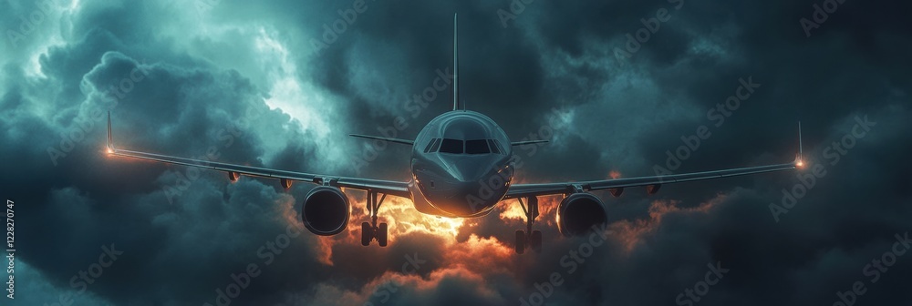 Poster airplane navigating through turbulent skies with dramatic clouds and glowing lights at dusk. generat