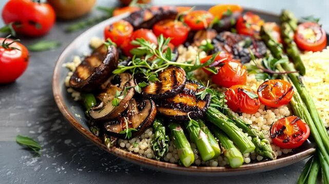 Grilled portobello mushrooms, asparagus, and cherry tomatoes on fluffy couscous with thyme. Perfect for a healthy, tasty meal. Enjoy this colorful bowl from above