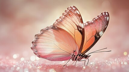 Fototapeta premium Peach butterfly rests on glitter, soft background, spring design