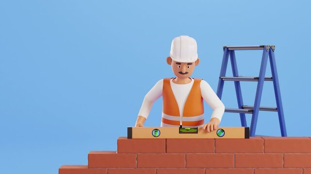 Builder character animation. Сonstruction worker. Professional worker, architect, engineer with spirit level in hand. renovation service. brick wall and step ladder. animated footage, 3d render