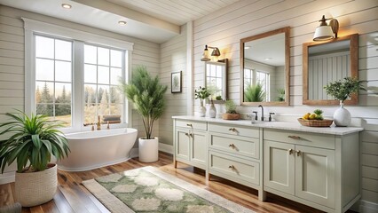 Modern Farmhouse Bathroom: Pale Colors, Wood Accents, Candid Shot