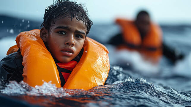 Refugiado con chaleco salvavidas en el mar mira esperanzado hacia la costa