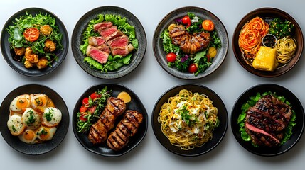 Gourmet restaurant dishes in black plates arranged in grid pattern, featuring steaks, pasta, seafood and colorful vegetables shot from above on dark background.