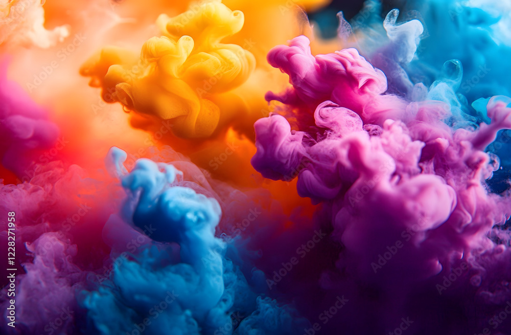 Wall mural vibrant hues of inky colours merge in water creating mesmerizing swirls, patterns. close-up view of 